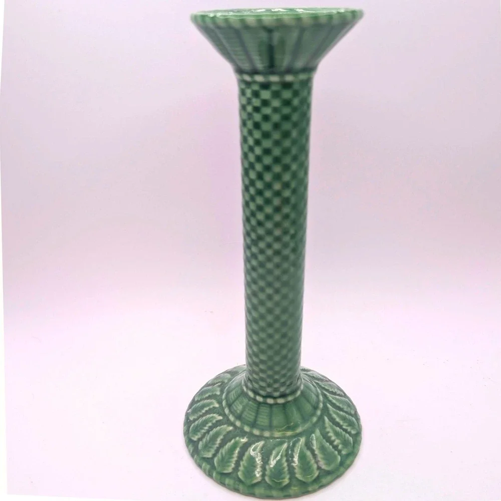 Vtg Pier 1 Imports Ceramic Candlestick Holder Green Check Leaf Plant Portugal 9